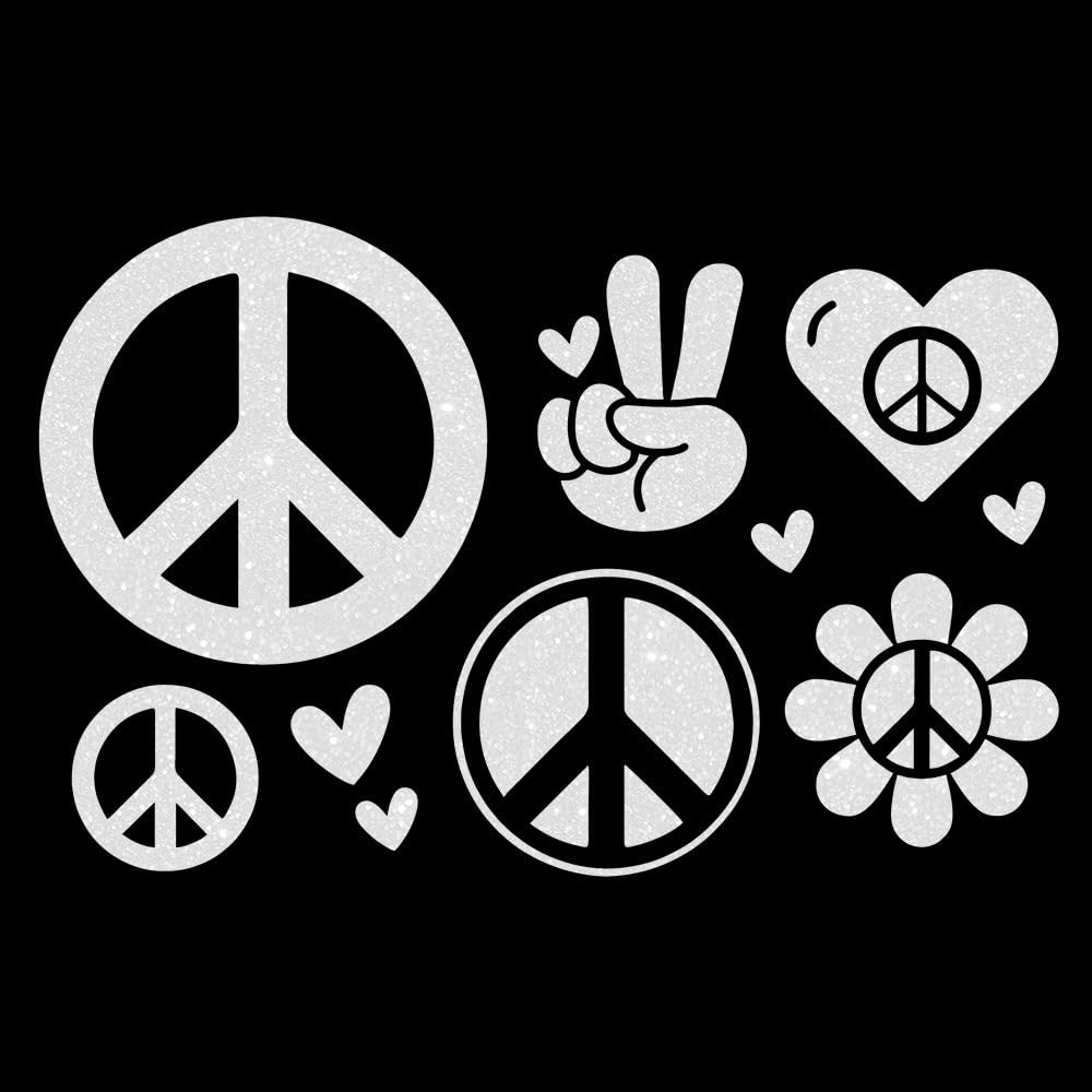 Glitzerdeals Bügelbilder Glitzer Peace Symbole Set Peacezeichen Aufbügler für Textilien Karneval Kostüm Peace Bügelflicken Peacezeichen Fasching Patch zum Aufbügeln Peace