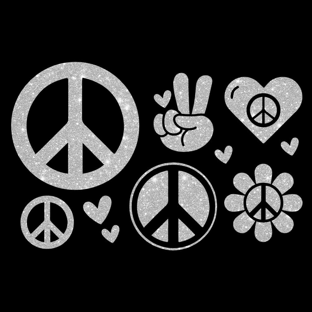 Glitzerdeals Bügelbilder Glitzer Peace Symbole Set Peacezeichen Aufbügler für Textilien Karneval Kostüm Peace Bügelflicken Peacezeichen Fasching Patch zum Aufbügeln Peace