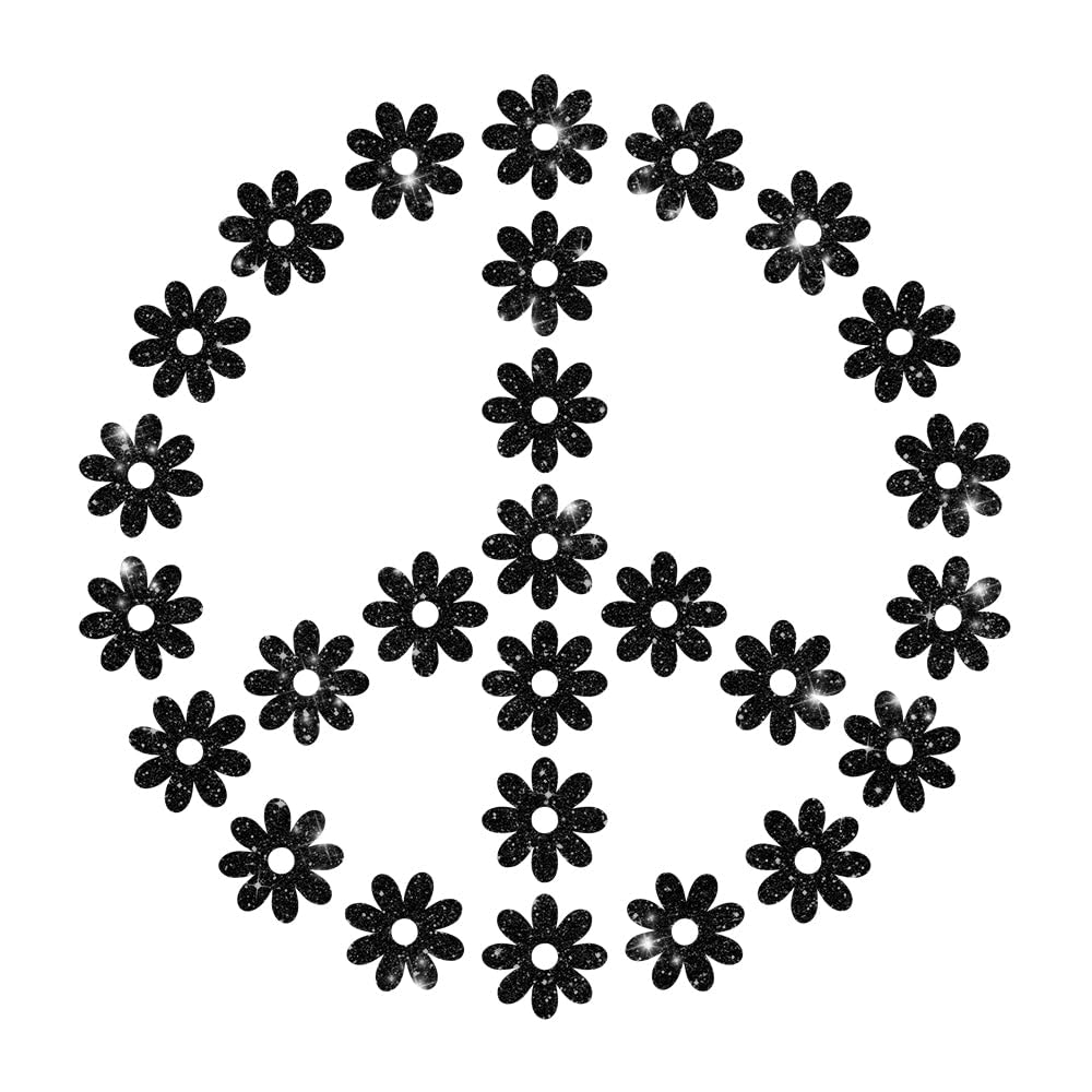 Glitzerdeals Bügelbilder Glitzer Peace Symbol Blumen Peacezeichen Aufbügler für Textilien Karneval Kostüm Peace Bügelflicken Peacezeichen Fasching Patch zum Aufbügeln Peace