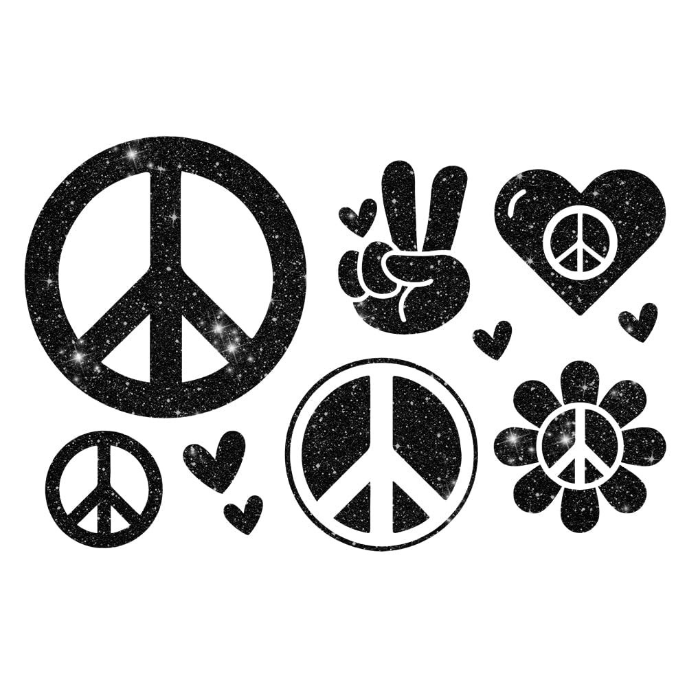 Glitzerdeals Bügelbilder Glitzer Peace Symbole Set Peacezeichen Aufbügler für Textilien Karneval Kostüm Peace Bügelflicken Peacezeichen Fasching Patch zum Aufbügeln Peace