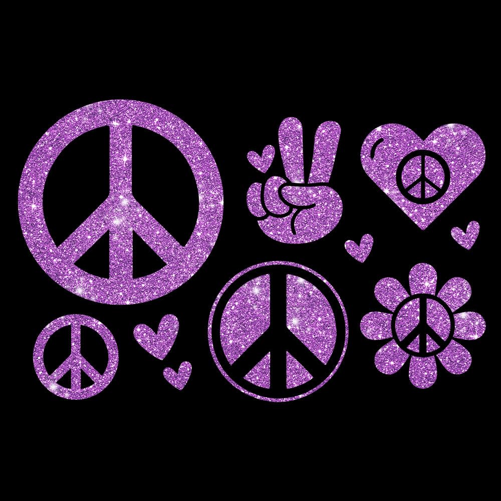 Glitzerdeals Bügelbilder Glitzer Peace Symbole Set Peacezeichen Aufbügler für Textilien Karneval Kostüm Peace Bügelflicken Peacezeichen Fasching Patch zum Aufbügeln Peace