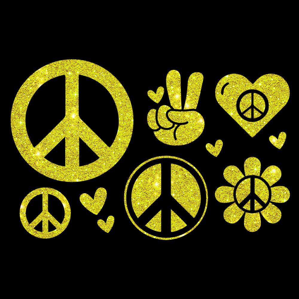 Glitzerdeals Bügelbilder Glitzer Peace Symbole Set Peacezeichen Aufbügler für Textilien Karneval Kostüm Peace Bügelflicken Peacezeichen Fasching Patch zum Aufbügeln Peace