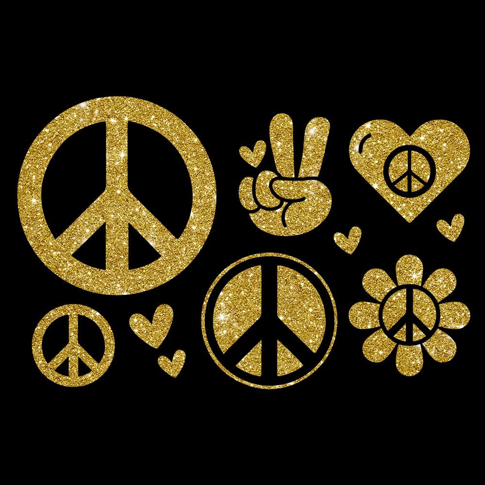 Glitzerdeals Bügelbilder Glitzer Peace Symbole Set Peacezeichen Aufbügler für Textilien Karneval Kostüm Peace Bügelflicken Peacezeichen Fasching Patch zum Aufbügeln Peace