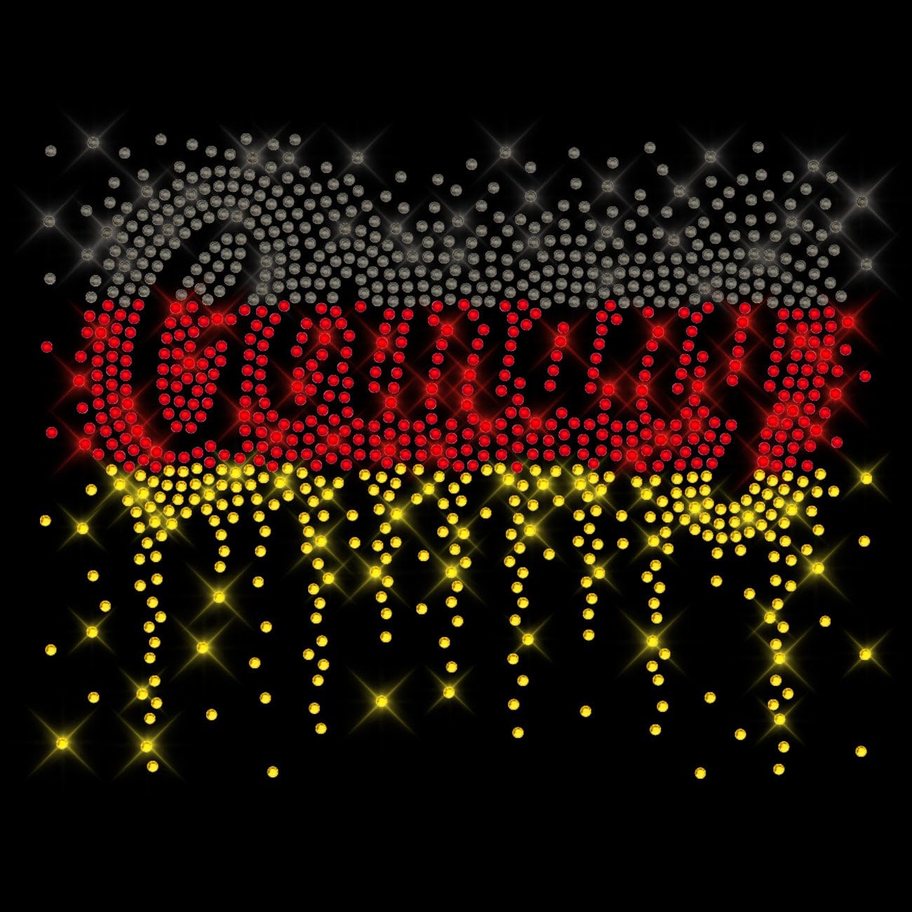 Glitzerdeals Bügelbild Strass Deutschland Schriftzug Germany schwarz rot gold EM Strassmotiv zum Aufbügeln Fussball Bügelmotiv Soccer Strass Aufbügler Fussball