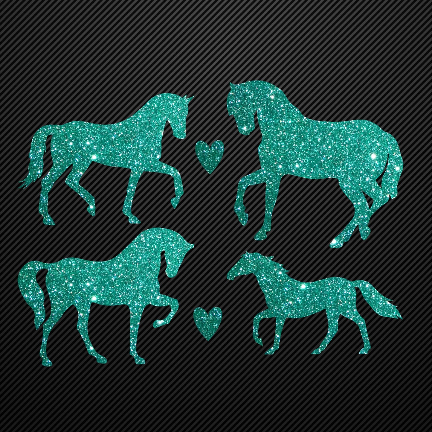 Glitzerdeals Bügelmotiv Pferde 4er Set Aufbügler Pferd und Herzen Glitzer Bügelbild Glitter Pferde Bügelmotiv Reiterin Glitzerbild Reiten