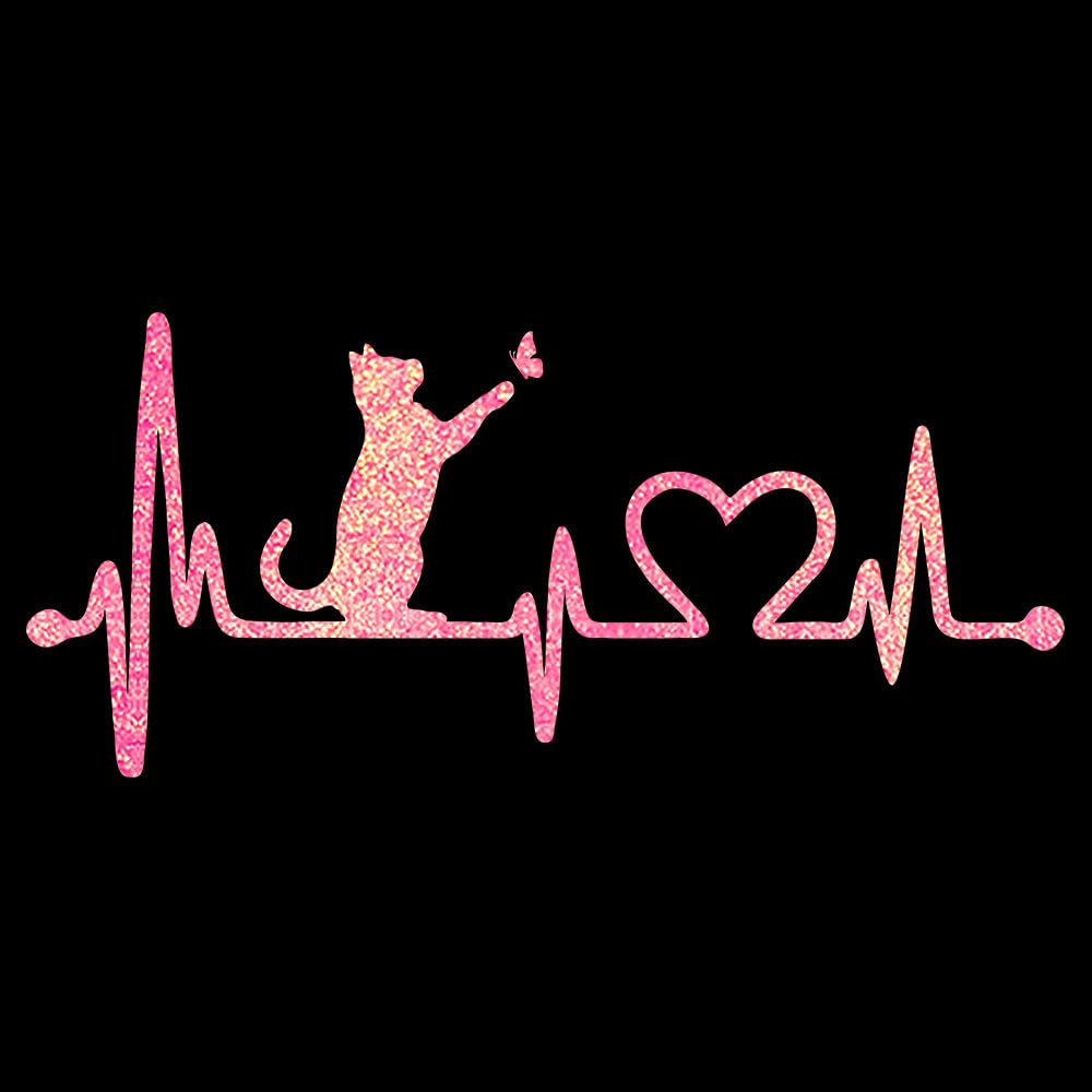 Glitzerdeals Bügelbild Glitzer Katze auf Herzline EKG Katzen Glitzerbild zum Aufbügeln Katzen Glitzerflex Katze Bling Aufbügler Katzen