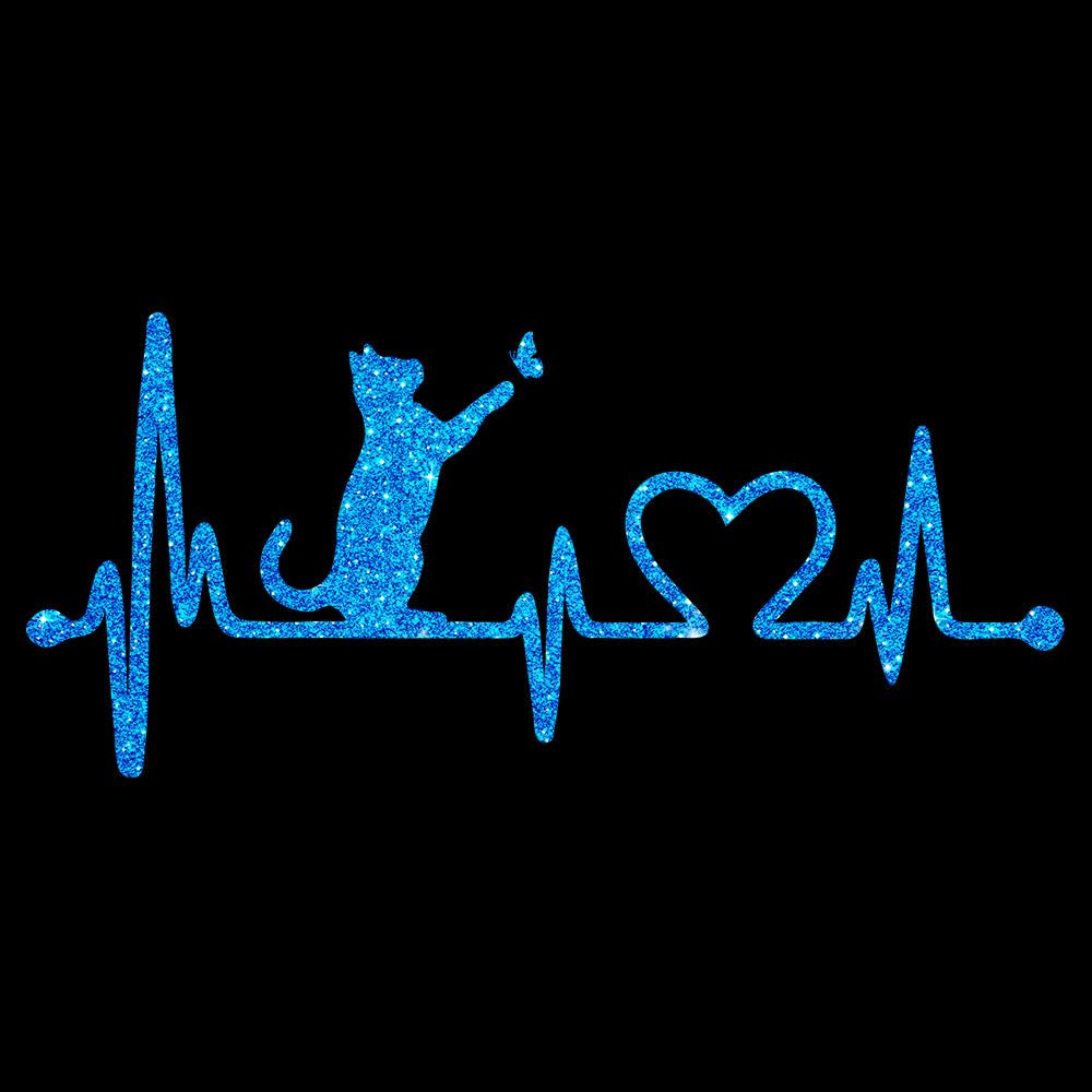 Glitzerdeals Bügelbild Glitzer Katze auf Herzline EKG Katzen Glitzerbild zum Aufbügeln Katzen Glitzerflex Katze Bling Aufbügler Katzen