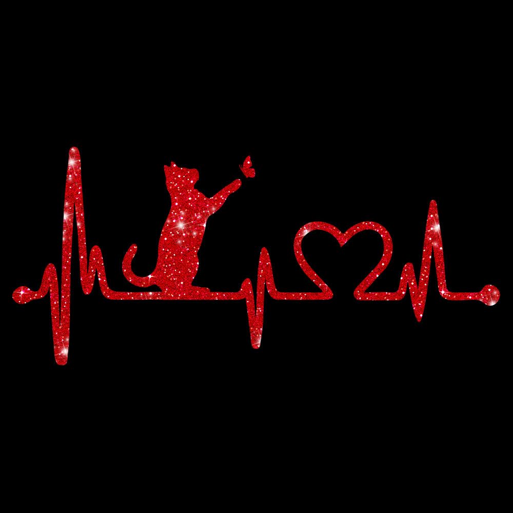 Glitzerdeals Bügelbild Glitzer Katze auf Herzline EKG Katzen Glitzerbild zum Aufbügeln Katzen Glitzerflex Katze Bling Aufbügler Katzen