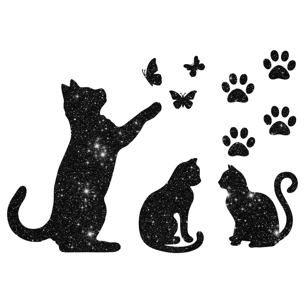 Glitzerdeals Bügelbild Glitzer Katzen im Set Katze Schmetterlinge und Pfoten Glitzerbild zum Aufbügeln Katzen Glitzerflex Katze Bling Aufbügler Katzen