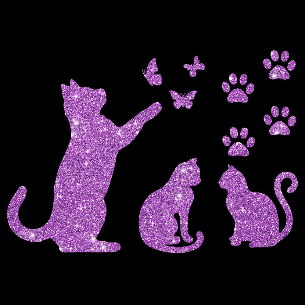Glitzerdeals Bügelbild Glitzer Katzen im Set Katze Schmetterlinge und Pfoten Glitzerbild zum Aufbügeln Katzen Glitzerflex Katze Bling Aufbügler Katzen