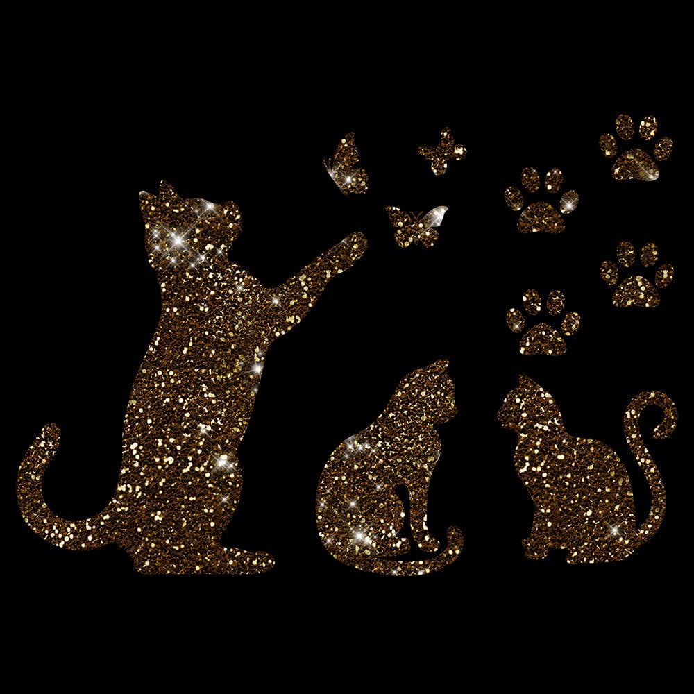 Glitzerdeals Bügelbild Glitzer Katzen im Set Katze Schmetterlinge und Pfoten Glitzerbild zum Aufbügeln Katzen Glitzerflex Katze Bling Aufbügler Katzen