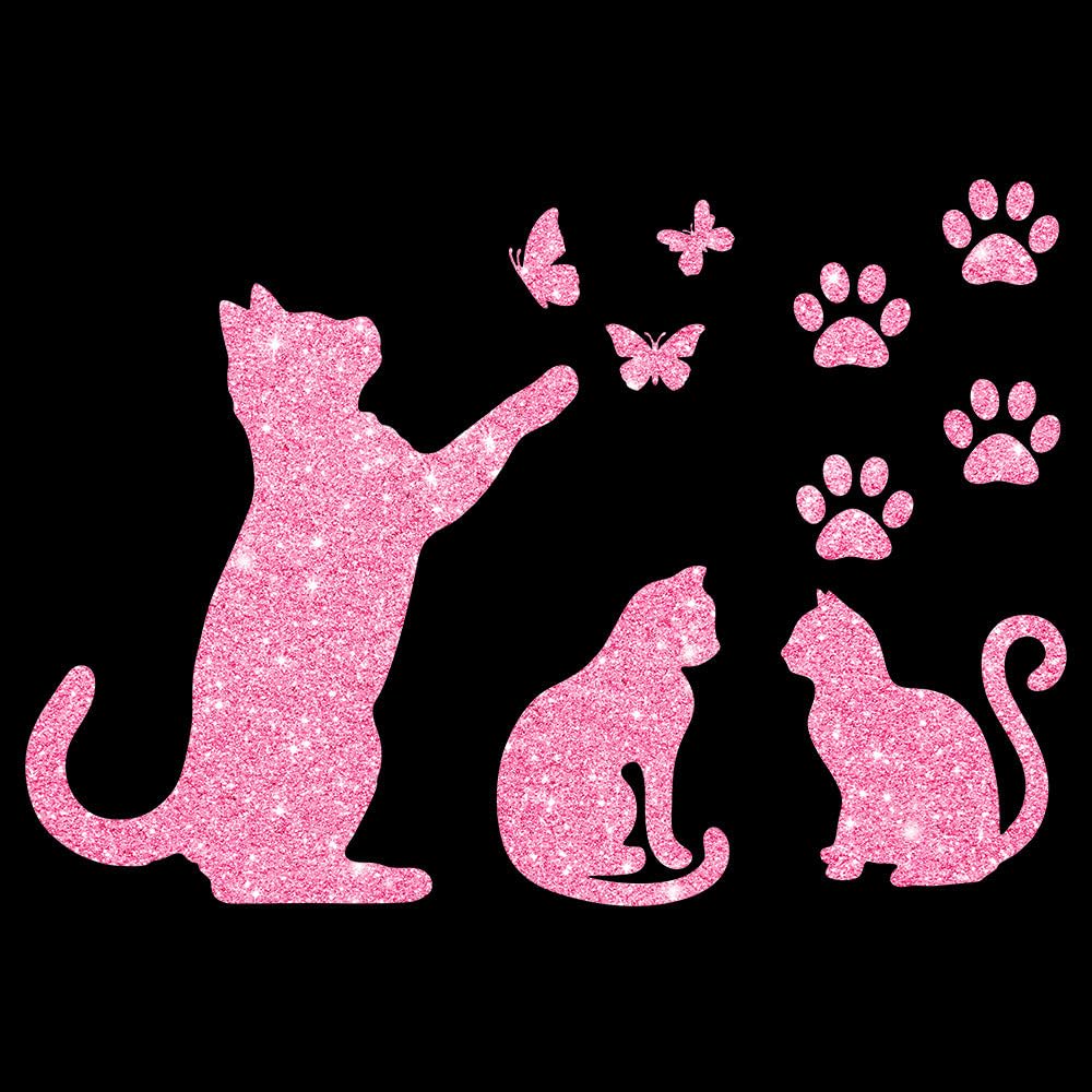 Glitzerdeals Bügelbild Glitzer Katzen im Set Katze Schmetterlinge und Pfoten Glitzerbild zum Aufbügeln Katzen Glitzerflex Katze Bling Aufbügler Katzen