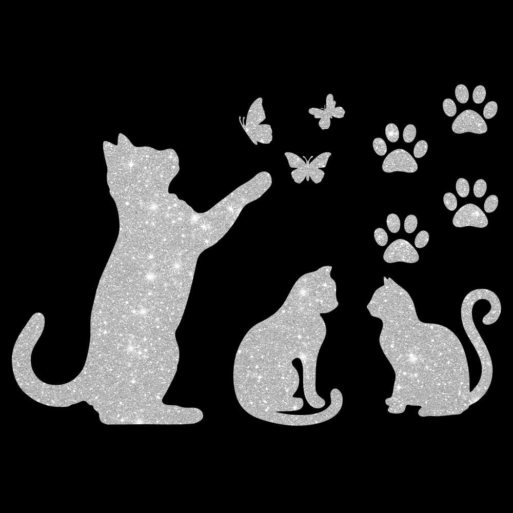 Glitzerdeals Bügelbild Glitzer Katzen im Set Katze Schmetterlinge und Pfoten Glitzerbild zum Aufbügeln Katzen Glitzerflex Katze Bling Aufbügler Katzen