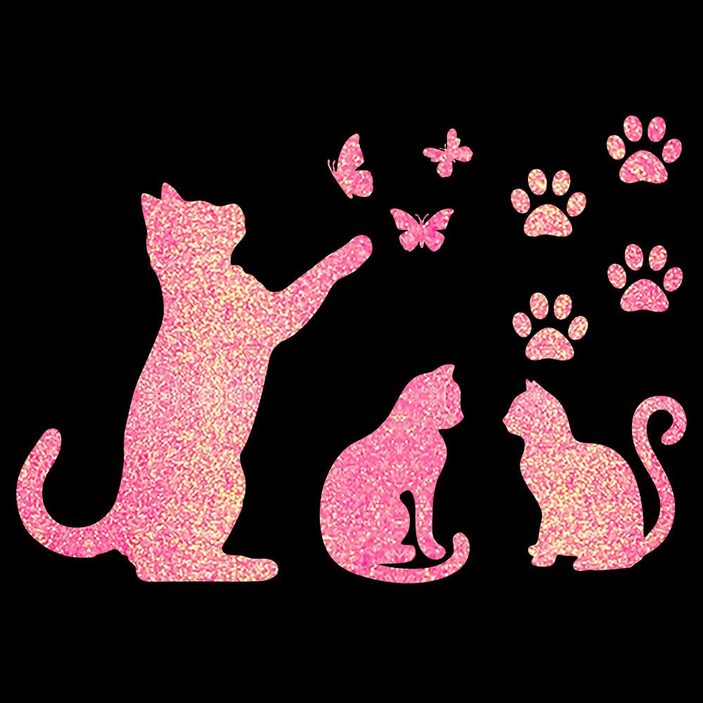 Glitzerdeals Bügelbild Glitzer Katzen im Set Katze Schmetterlinge und Pfoten Glitzerbild zum Aufbügeln Katzen Glitzerflex Katze Bling Aufbügler Katzen