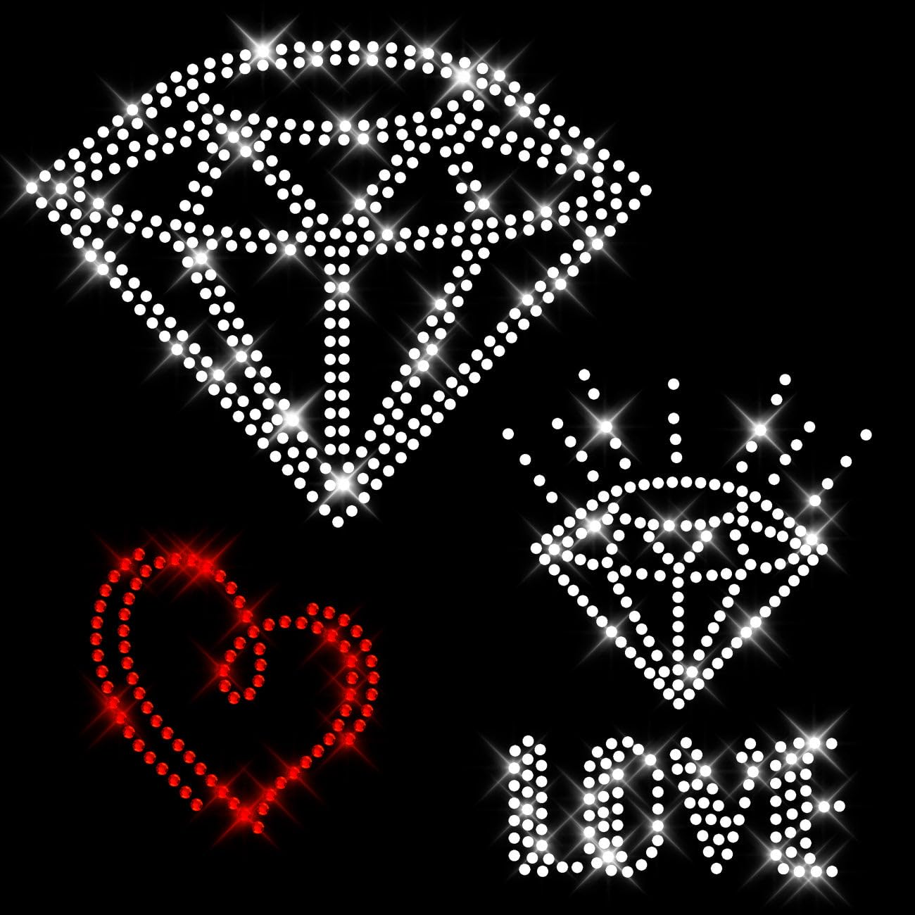 Glitzerdeals Bügelbild Strass Diamanten und Love mit Herz Set Strassmotiv zum Aufbügeln Diamanten Bügelmotiv Bling-Bling Strass Aufbügler Diamanten