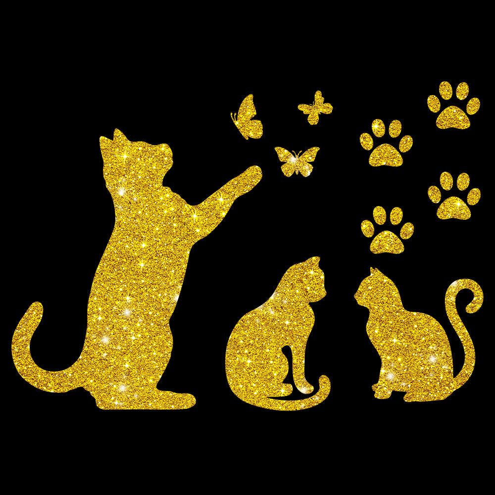 Glitzerdeals Bügelbild Glitzer Katzen im Set Katze Schmetterlinge und Pfoten Glitzerbild zum Aufbügeln Katzen Glitzerflex Katze Bling Aufbügler Katzen