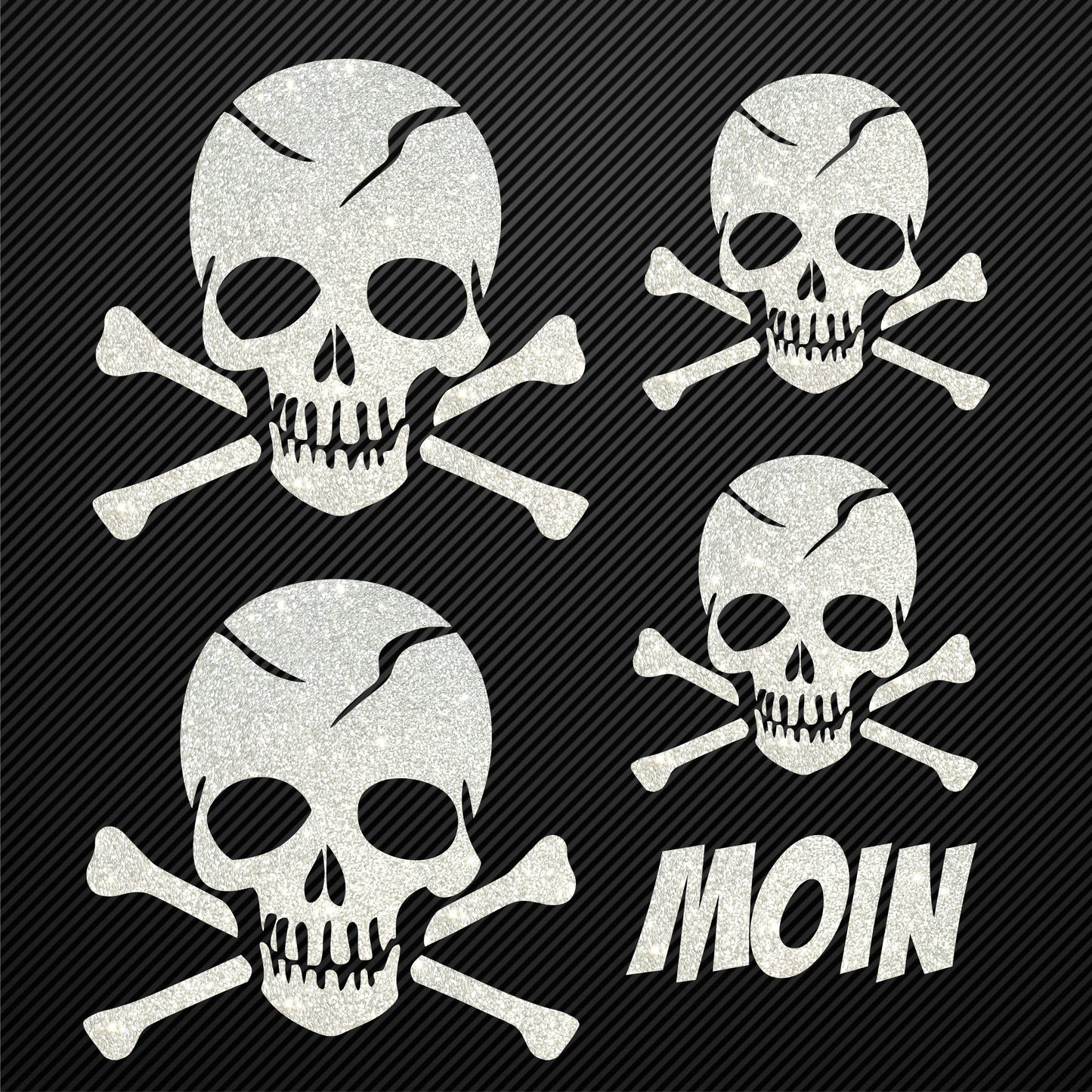 Aufbügler Totenkopf Set Glitzer mit Moin Schriftzug Bügelbild Glitter Totenköpfe Bügelmotiv Schädel skull iron on design skull with bones