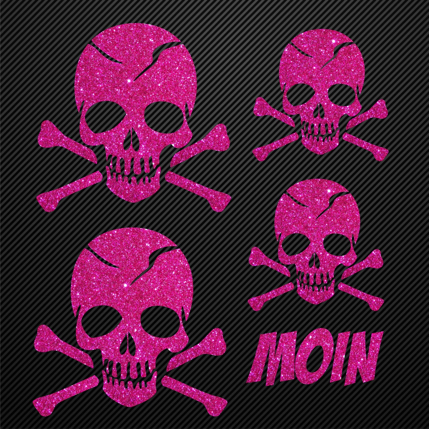 Aufbügler Totenkopf Set Glitzer mit Moin Schriftzug Bügelbild Glitter Totenköpfe Bügelmotiv Schädel skull iron on design skull with bones
