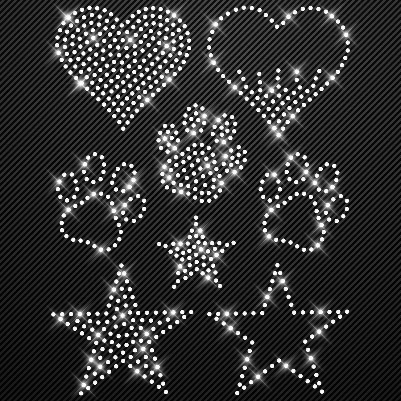 Strass Bügelbilder Set Sterne Pfoten Herzen Strassmotiv zum Aufbügeln Aufbügler rhinestone transfer Bügelmotiv Glitzerbild Hundepfote Herz