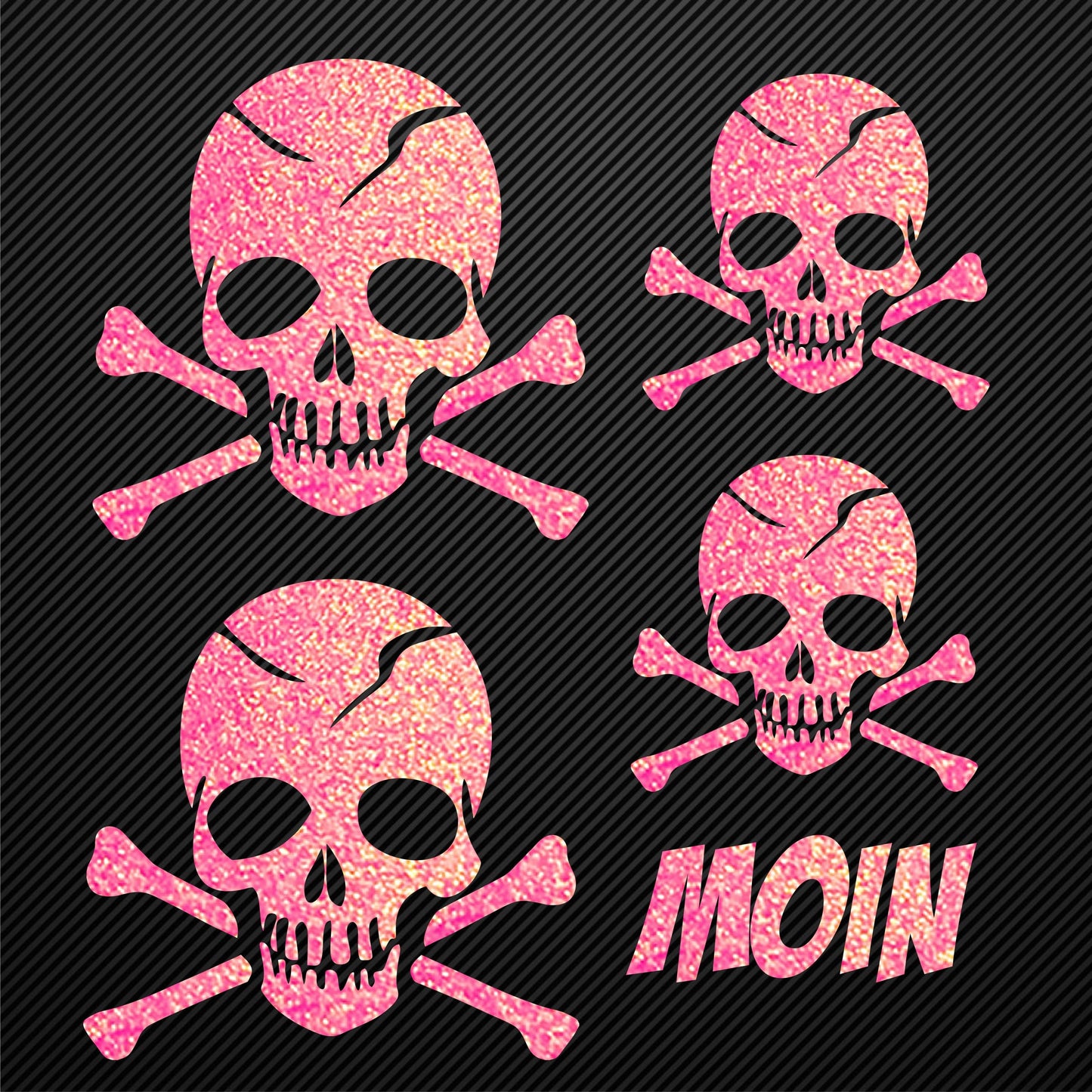 Aufbügler Totenkopf Set Glitzer mit Moin Schriftzug Bügelbild Glitter Totenköpfe Bügelmotiv Schädel skull iron on design skull with bones