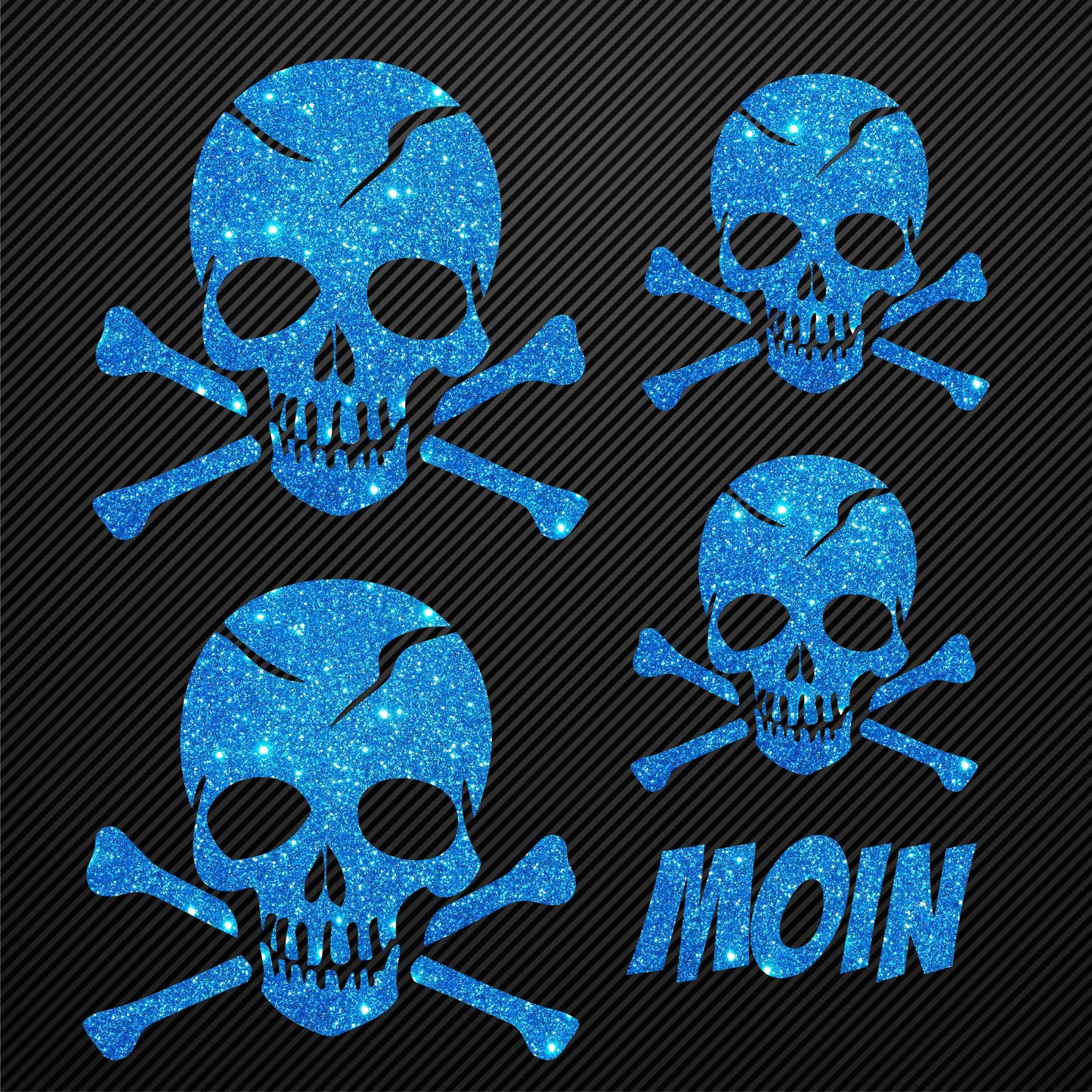 Aufbügler Totenkopf Set Glitzer mit Moin Schriftzug Bügelbild Glitter Totenköpfe Bügelmotiv Schädel skull iron on design skull with bones