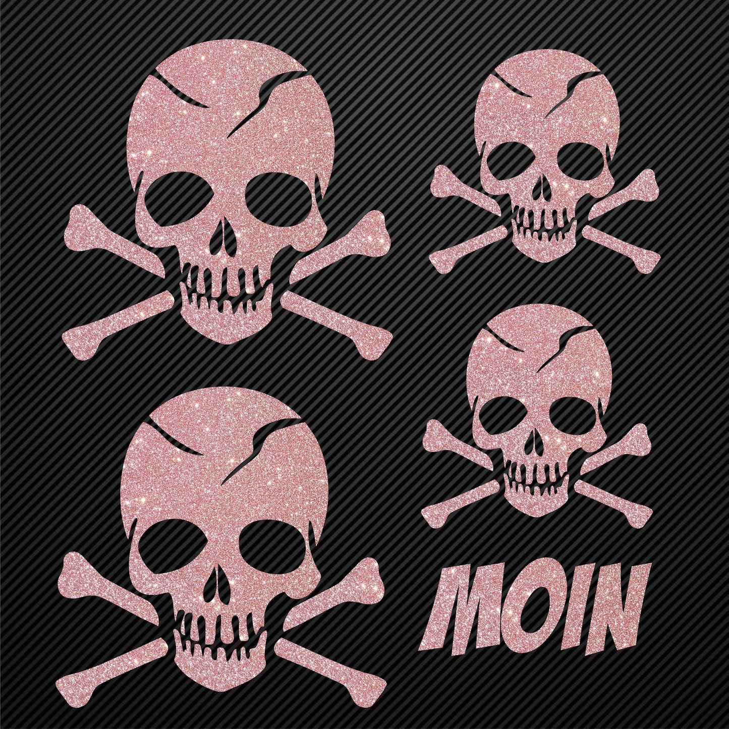 Aufbügler Totenkopf Set Glitzer mit Moin Schriftzug Bügelbild Glitter Totenköpfe Bügelmotiv Schädel skull iron on design skull with bones