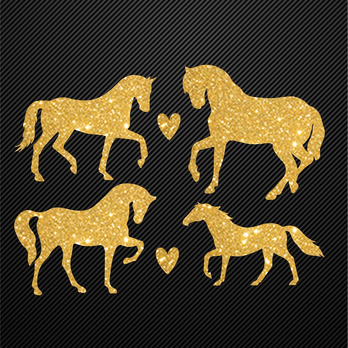 Glitzerdeals Bügelmotiv Pferde 4er Set Aufbügler Pferd und Herzen Glitzer Bügelbild Glitter Pferde Bügelmotiv Reiterin Glitzerbild Reiten
