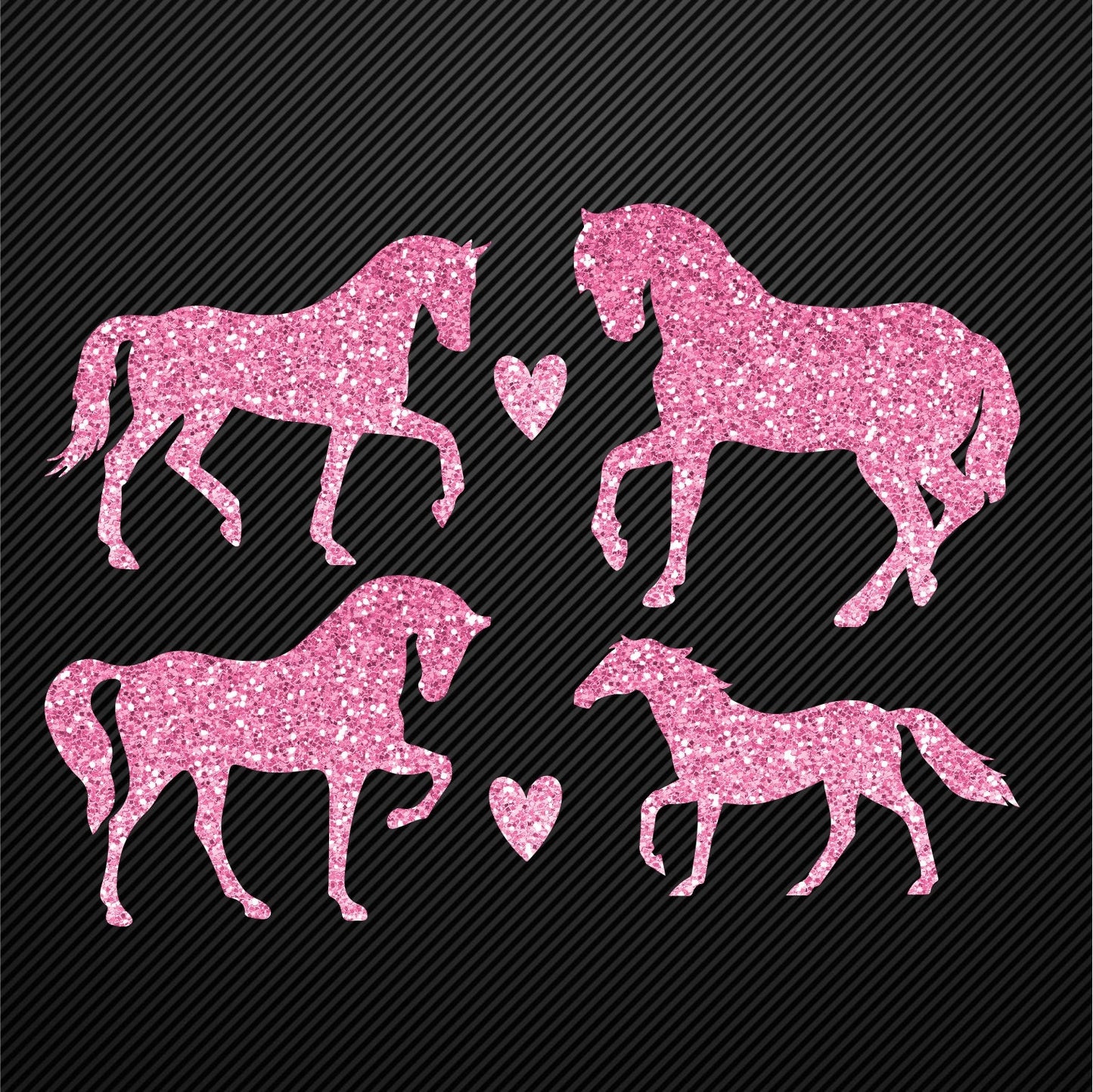 Glitzerdeals Bügelmotiv Pferde 4er Set Aufbügler Pferd und Herzen Glitzer Bügelbild Glitter Pferde Bügelmotiv Reiterin Glitzerbild Reiten