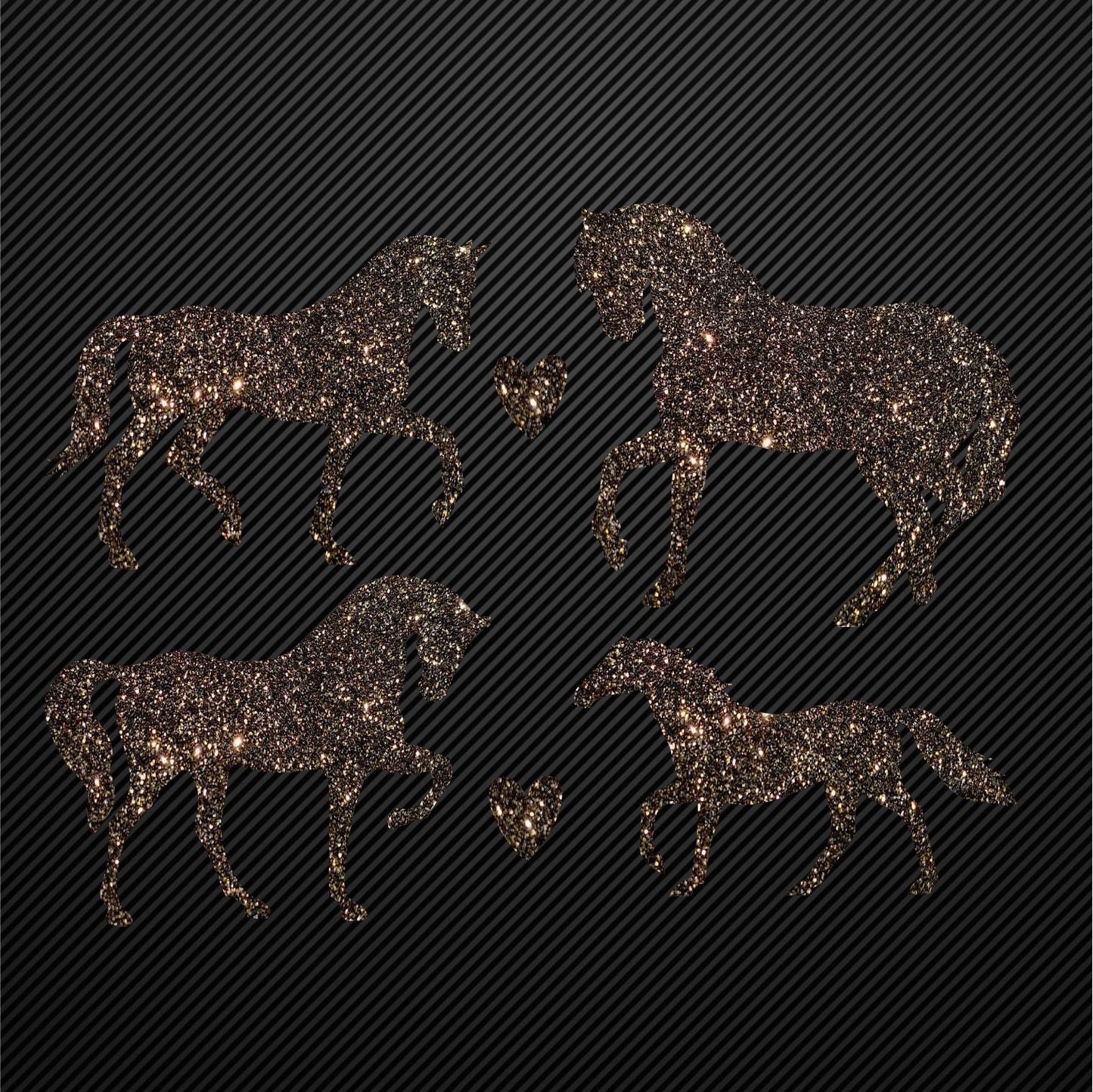 Glitzerdeals Bügelmotiv Pferde 4er Set Aufbügler Pferd und Herzen Glitzer Bügelbild Glitter Pferde Bügelmotiv Reiterin Glitzerbild Reiten