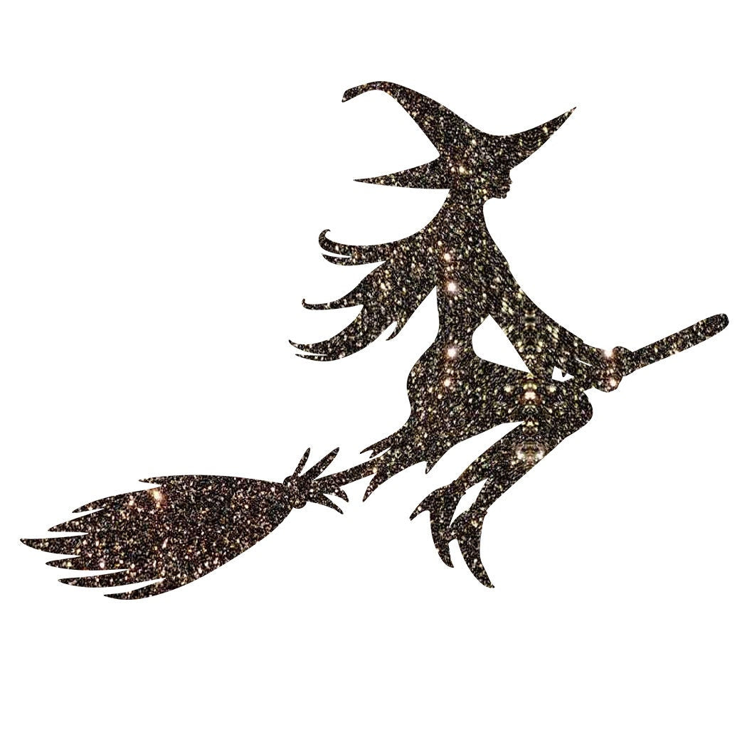 Glitzerdeals Bügelmotiv Hexe auf Besen Glitzer Aufbügler Skull Bügelbild Glitter Bügelmotiv Hexen Glitzerbild Hexe zum Aufbügeln