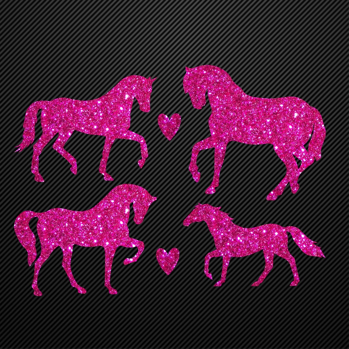 Glitzerdeals Bügelmotiv Pferde 4er Set Aufbügler Pferd und Herzen Glitzer Bügelbild Glitter Pferde Bügelmotiv Reiterin Glitzerbild Reiten