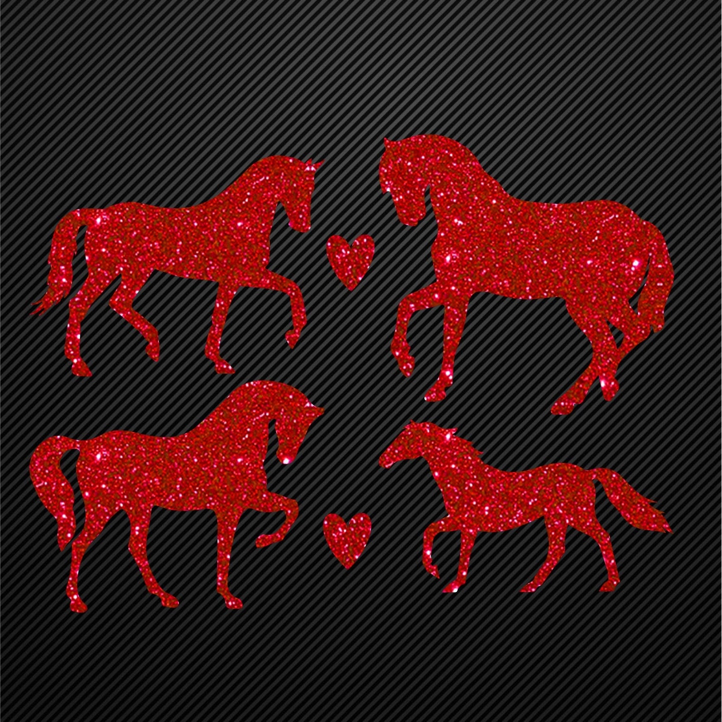 Glitzerdeals Bügelmotiv Pferde 4er Set Aufbügler Pferd und Herzen Glitzer Bügelbild Glitter Pferde Bügelmotiv Reiterin Glitzerbild Reiten