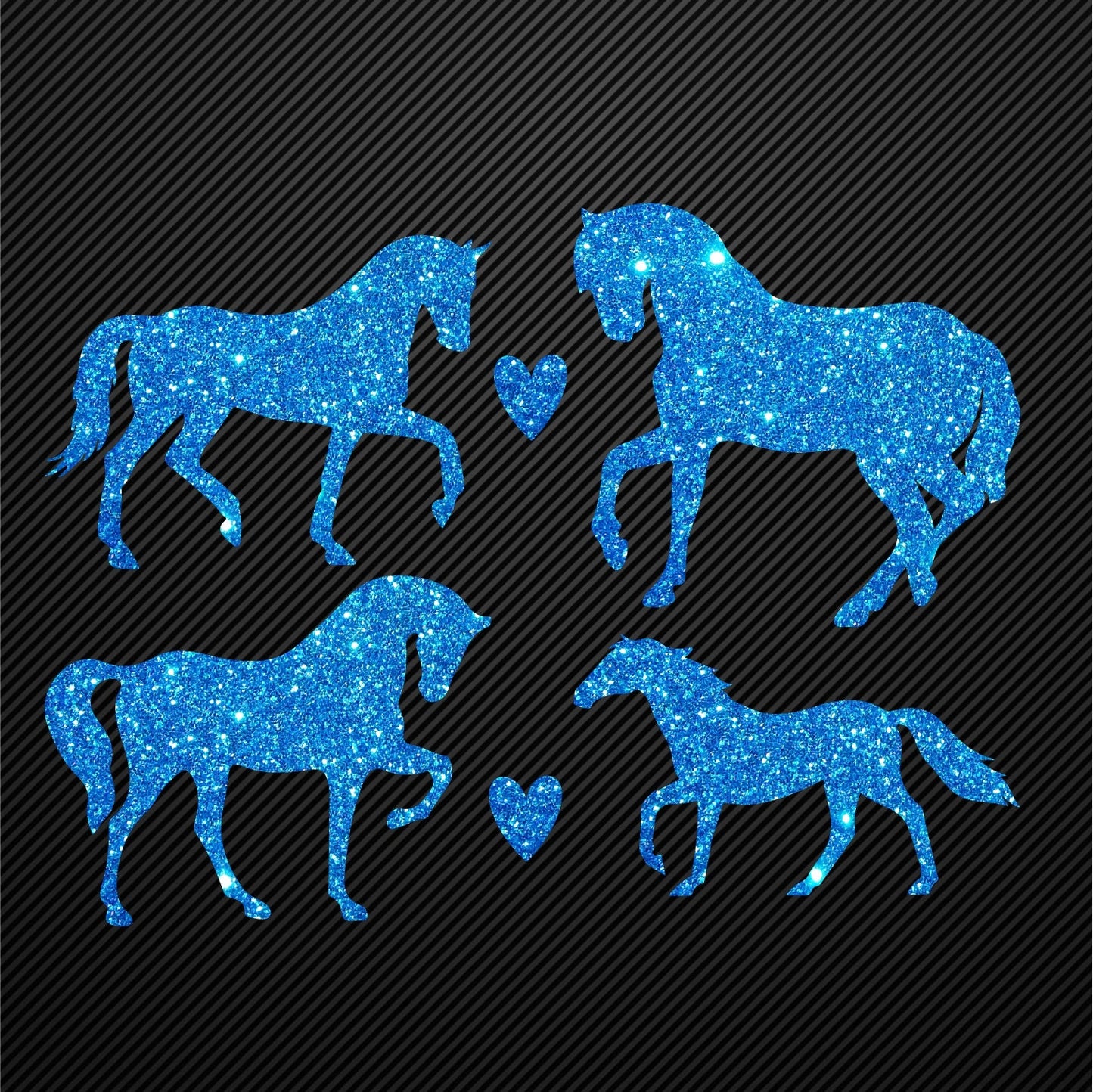 Glitzerdeals Bügelmotiv Pferde 4er Set Aufbügler Pferd und Herzen Glitzer Bügelbild Glitter Pferde Bügelmotiv Reiterin Glitzerbild Reiten