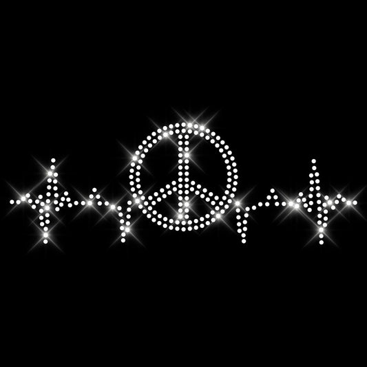 Glitzerdeals Bügelbild Strass EKG Peace Symbol Peacezeichen auf Herzlinie Strassmotiv zum Aufbügeln Peace Bügelmotiv Frieden Strass Aufbügler Peace