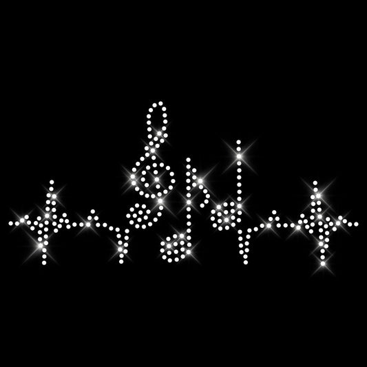 Glitzerdeals Bügelbilder Karneval Strass EKG Noten und Notenschlüssel auf Herzlinie Aufbügler für Textilien Noten Bügelmotiv Notenschlüssel Strass Bügelbild Noten