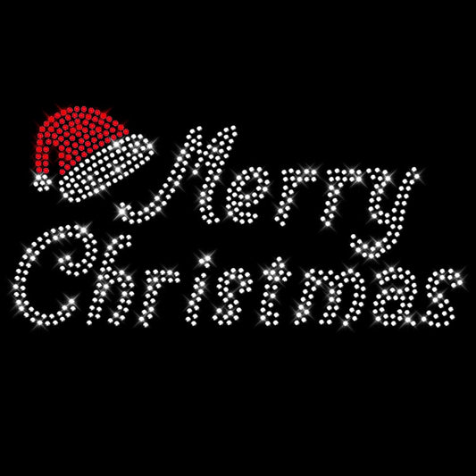 Glitzerdeals Bügelbilder Karneval Strass Weihnachtsmotiv Merry Christmas mit Weihnachtsmütze Aufbügler für Textilien Schneeflocken Bügelmotiv Wintermotiv Strass Bügelbild Weihnachten