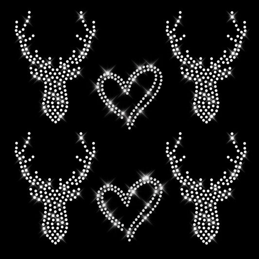 Glitzerdeals Bügelbilder Karneval Strass Oktoberfest Set Herzen und Hirsche Aufbügler für Textilien Hirsch Bügelmotiv Hirschkopf Silhouette Strass Bügelbild Hirsch