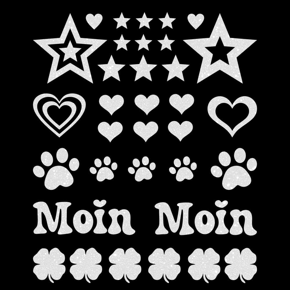 Glitzerdeals Bügelbilder Glitzer Herzen Sterne Moin Pfoten Kleeblatt Aufbügler für Textilien Karneval Kostüm Herzen Bügelflicken Sterne Fasching Patch zum Aufbügeln Herzen