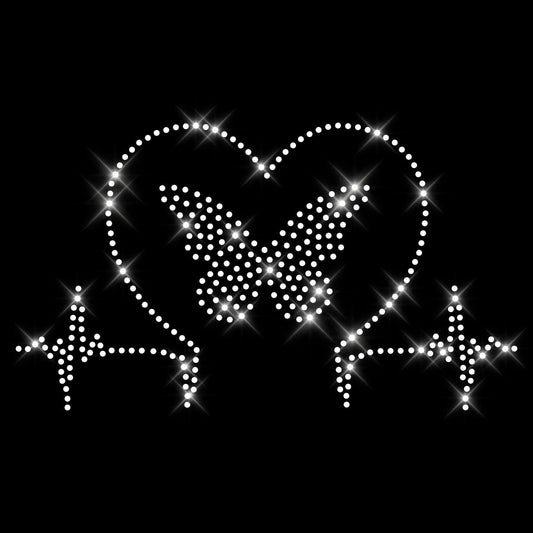 Glitzerdeals Bügelbilder Karneval Strass EKG Schmetterling mit Herz auf Herzlinie Aufbügler für Textilien Schmetterling Bügelmotiv Schmetterlinge Strass Bügelbild Schmetterling