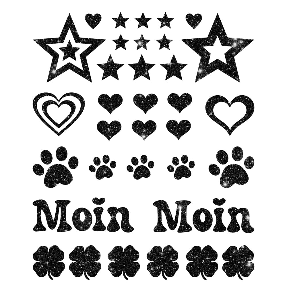 Glitzerdeals Bügelbilder Glitzer Herzen Sterne Moin Pfoten Kleeblatt Aufbügler für Textilien Karneval Kostüm Herzen Bügelflicken Sterne Fasching Patch zum Aufbügeln Herzen
