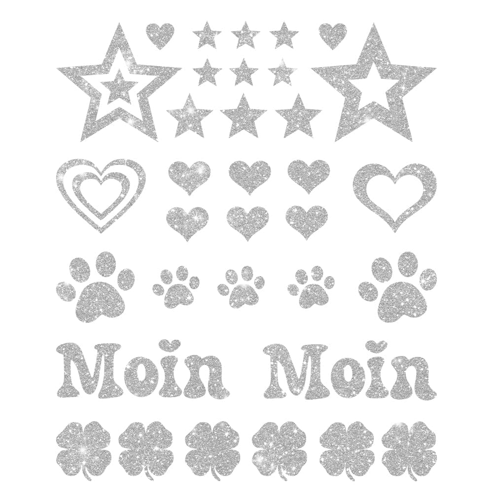 Glitzerdeals Bügelbilder Glitzer Herzen Sterne Moin Pfoten Kleeblatt Aufbügler für Textilien Karneval Kostüm Herzen Bügelflicken Sterne Fasching Patch zum Aufbügeln Herzen