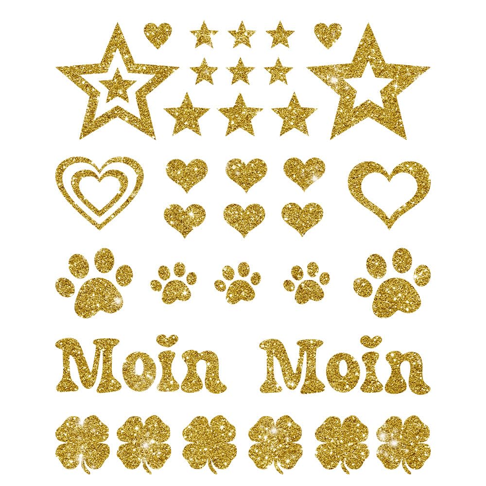 Glitzerdeals Bügelbilder Glitzer Herzen Sterne Moin Pfoten Kleeblatt Aufbügler für Textilien Karneval Kostüm Herzen Bügelflicken Sterne Fasching Patch zum Aufbügeln Herzen