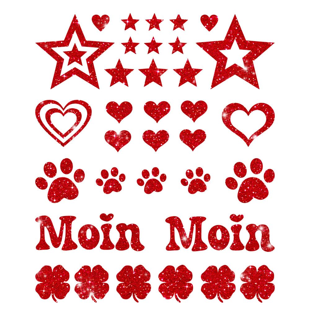 Glitzerdeals Bügelbilder Glitzer Herzen Sterne Moin Pfoten Kleeblatt Aufbügler für Textilien Karneval Kostüm Herzen Bügelflicken Sterne Fasching Patch zum Aufbügeln Herzen