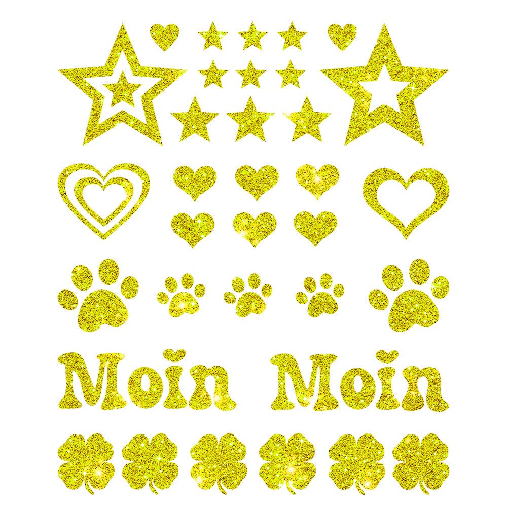 Glitzerdeals Bügelbilder Glitzer Herzen Sterne Moin Pfoten Kleeblatt Aufbügler für Textilien Karneval Kostüm Herzen Bügelflicken Sterne Fasching Patch zum Aufbügeln Herzen