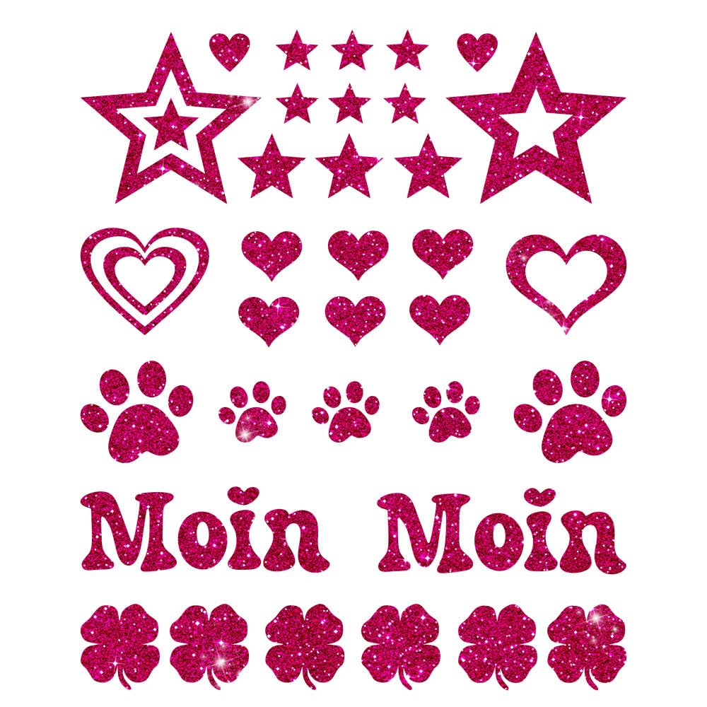 Glitzerdeals Bügelbilder Glitzer Herzen Sterne Moin Pfoten Kleeblatt Aufbügler für Textilien Karneval Kostüm Herzen Bügelflicken Sterne Fasching Patch zum Aufbügeln Herzen