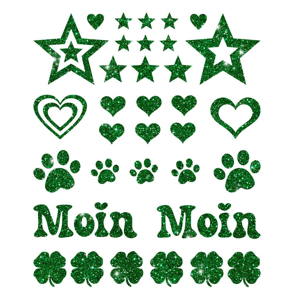 Glitzerdeals Bügelbilder Glitzer Herzen Sterne Moin Pfoten Kleeblatt Aufbügler für Textilien Karneval Kostüm Herzen Bügelflicken Sterne Fasching Patch zum Aufbügeln Herzen