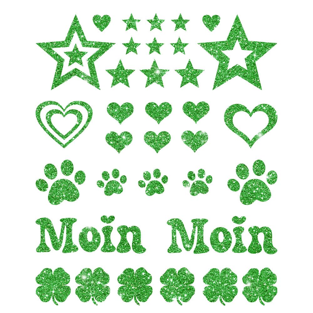 Glitzerdeals Bügelbilder Glitzer Herzen Sterne Moin Pfoten Kleeblatt Aufbügler für Textilien Karneval Kostüm Herzen Bügelflicken Sterne Fasching Patch zum Aufbügeln Herzen