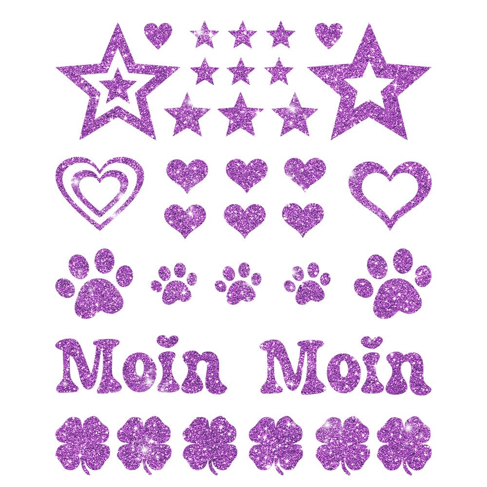 Glitzerdeals Bügelbilder Glitzer Herzen Sterne Moin Pfoten Kleeblatt Aufbügler für Textilien Karneval Kostüm Herzen Bügelflicken Sterne Fasching Patch zum Aufbügeln Herzen