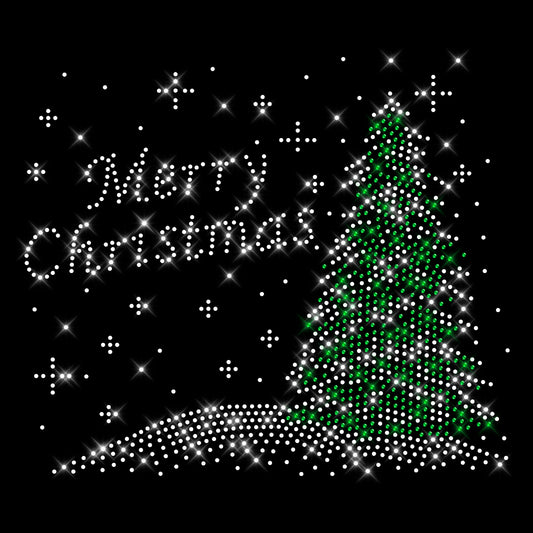 Glitzerdeals Bügelbild Strass Weihnachtsmotiv Merry Christmas mit Weihnachtsbaum Strassmotiv zum Aufbügeln Weihnachten Bügelmotiv Frohes Fest Strass Aufbügler Weihnachten