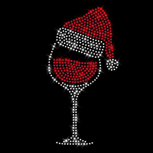 Glitzerdeals Bügelbild Strass Weihnachten Weinglas kristall mit Weihnachtsmütze Strassmotiv zum Aufbügeln Weihnachten Bügelmotiv Weihnachtsmütze Strass Aufbügler Weihnachten
